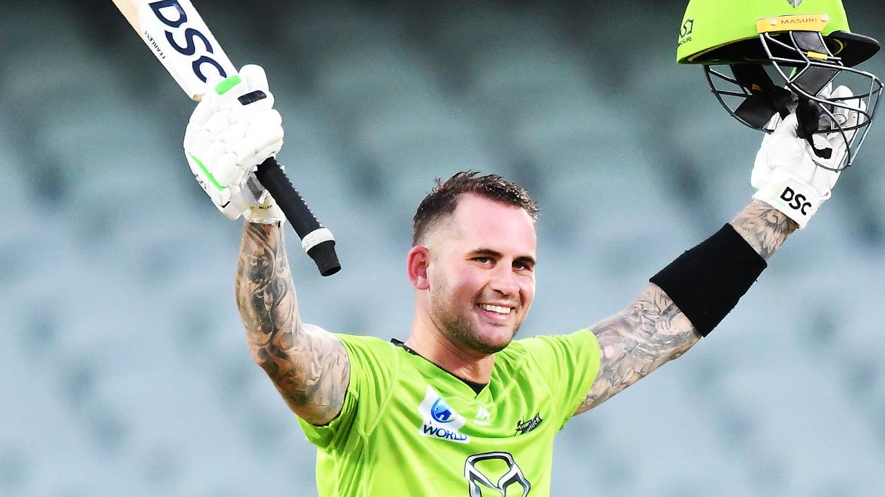 Alex Hales of the Thunder celebrates bringing up his century during the Big Bash League match between the Sydney Sixers and the Sydney Thunder at Adelaide Oval, on January 22, 2021, in Adelaide, Australia. (Photo by Mark Brake/Getty Images)