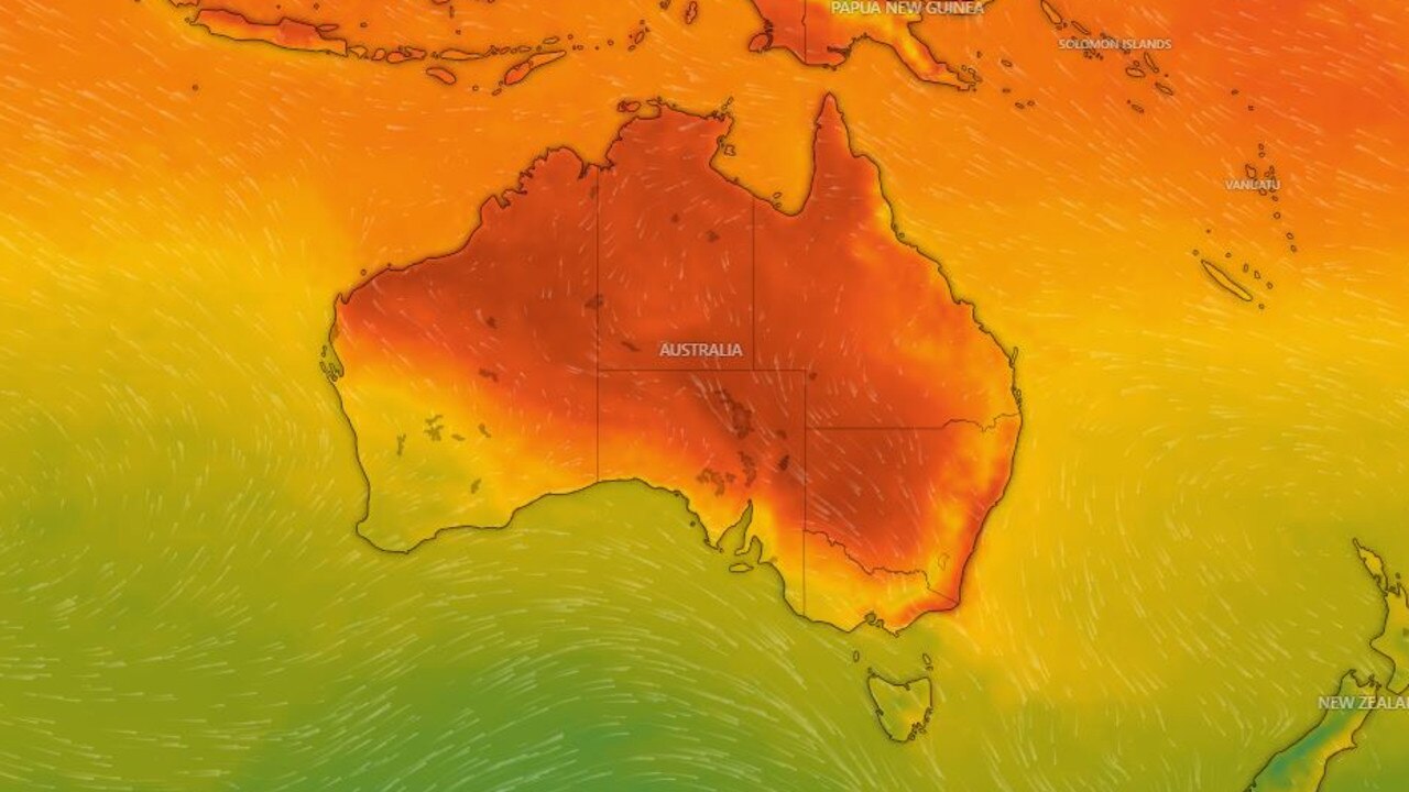 Multiple areas across NSW, the ACT and Victoria could reach 8-15 C above average on Tuesday. Picture: Windy.com