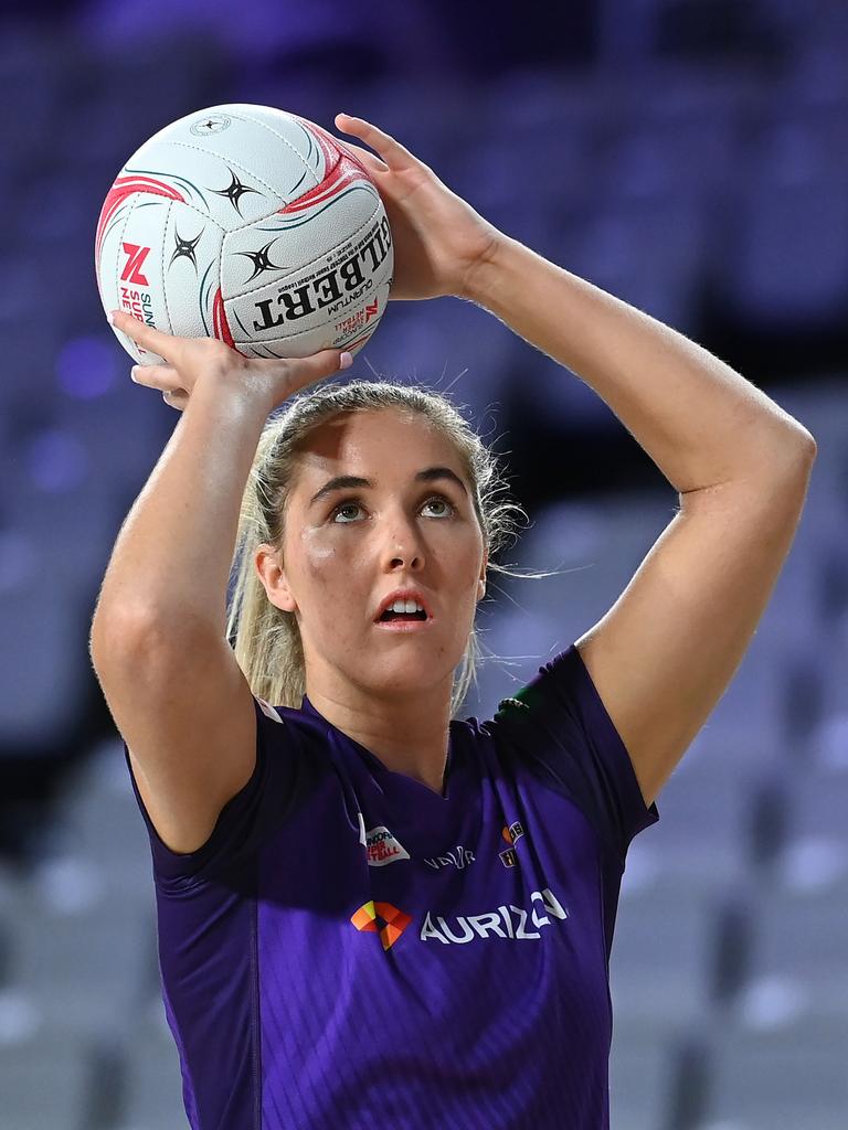 BRISBANE, AUSTRALIA – APRIL 23: Mia Stower of the Firebirds warms up ahead of the round six Super Netball match between the Queensland Firebirds and the Giants Netball at Nissan Arena, on April 23, 2023, in Brisbane, Australia. (Photo by Albert Perez/Getty Images)