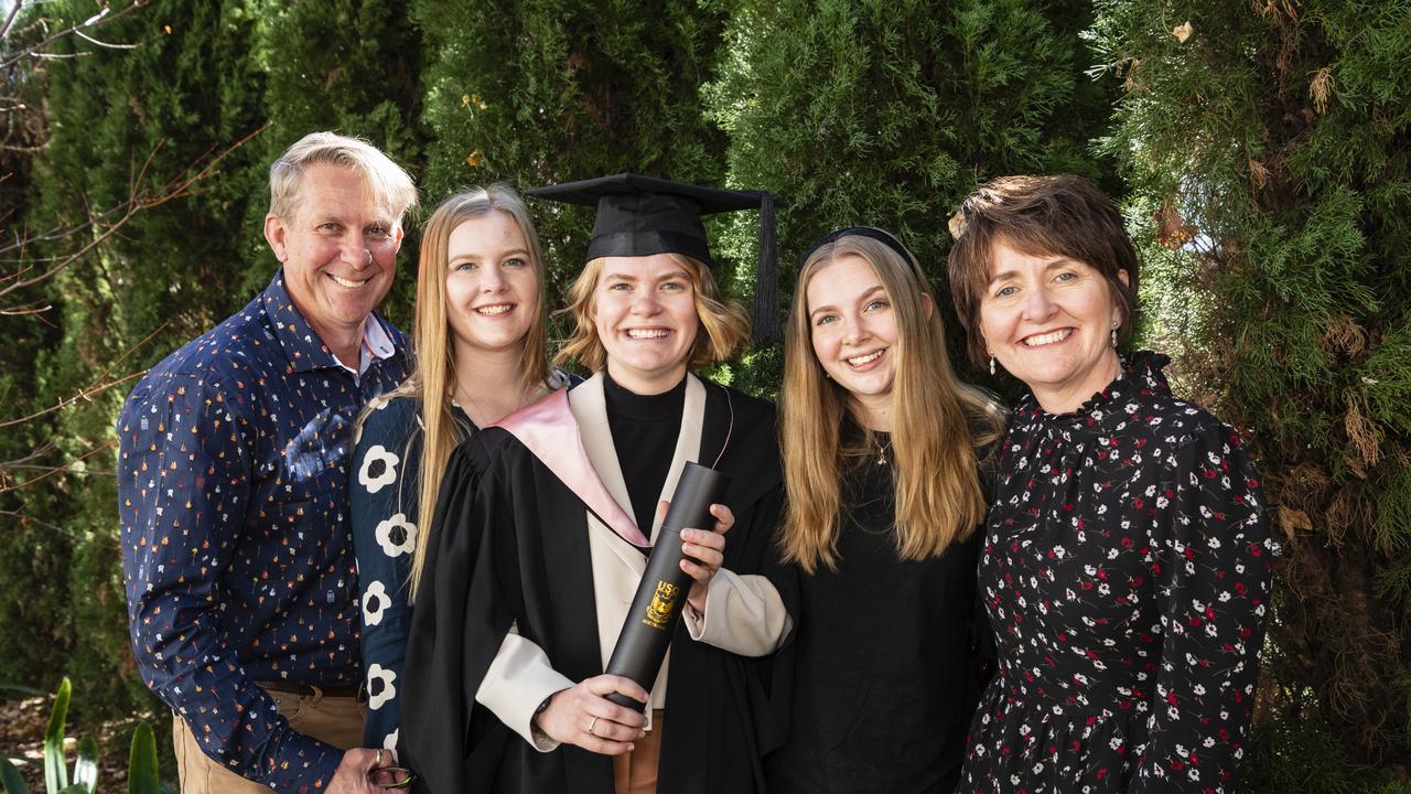 Bachelor of Education graduate Sophie Follett with family Ian, Emily, Zoe and Deb Follett at the UniSQ graduation ceremony at Empire Theatres, Tuesday, June 27, 2023. Picture: Kevin Farmer