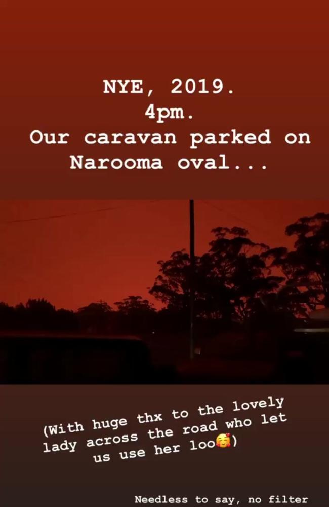 Australian television presenter Samantha Armytage posts to Instagram as she flees the NSW south coast bushfires. Picture: Instagram