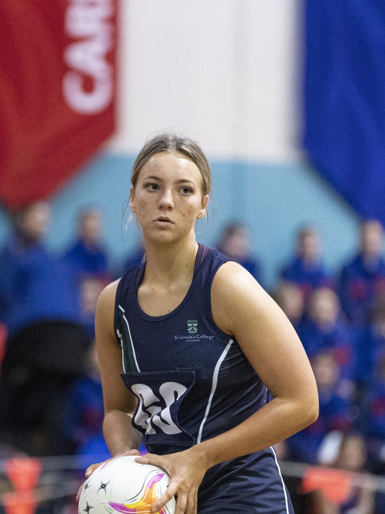 Chloe Dolley of St Ursula's Junior A against Downlands Junior A in Merici-Chevalier Cup netball at Salo Centre, Friday, July 19, 2024. Picture: Kevin Farmer