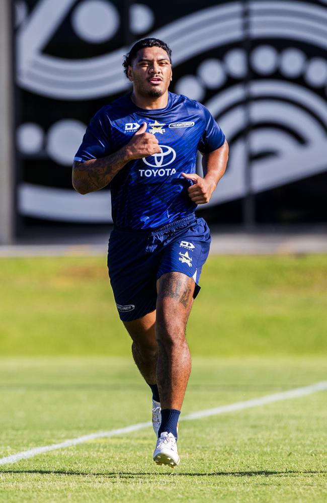 North Queensland Cowboys recruit Thomas Mikaele training in his first week in Townsville. Picture: North Queensland Cowboys