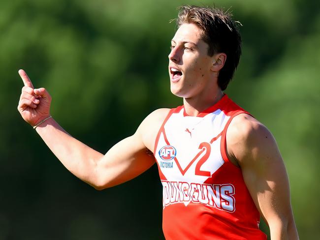 MELBOURNE, AUSTRALIA - APRIL 28: Tobyn Murray of the Young Guns celebrates kicking a goal during the 2024 Young Guns Series match between the Young Guns and the Victoria Country U18 Boys at Highgate Recreation Centre on April 28, 2024 in Melbourne, Australia. (Photo by Josh Chadwick/AFL Photos)