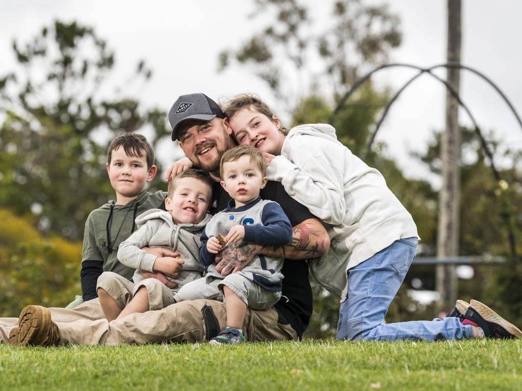 Phil Degraaf with his kids (from left) Mason Ashenden, Archer Degraaf, William Degraaf and Mia Degraaf at the Man with a Pram event on Father's Day, Sunday, September 5, 2021. Picture: Kevin Farmer