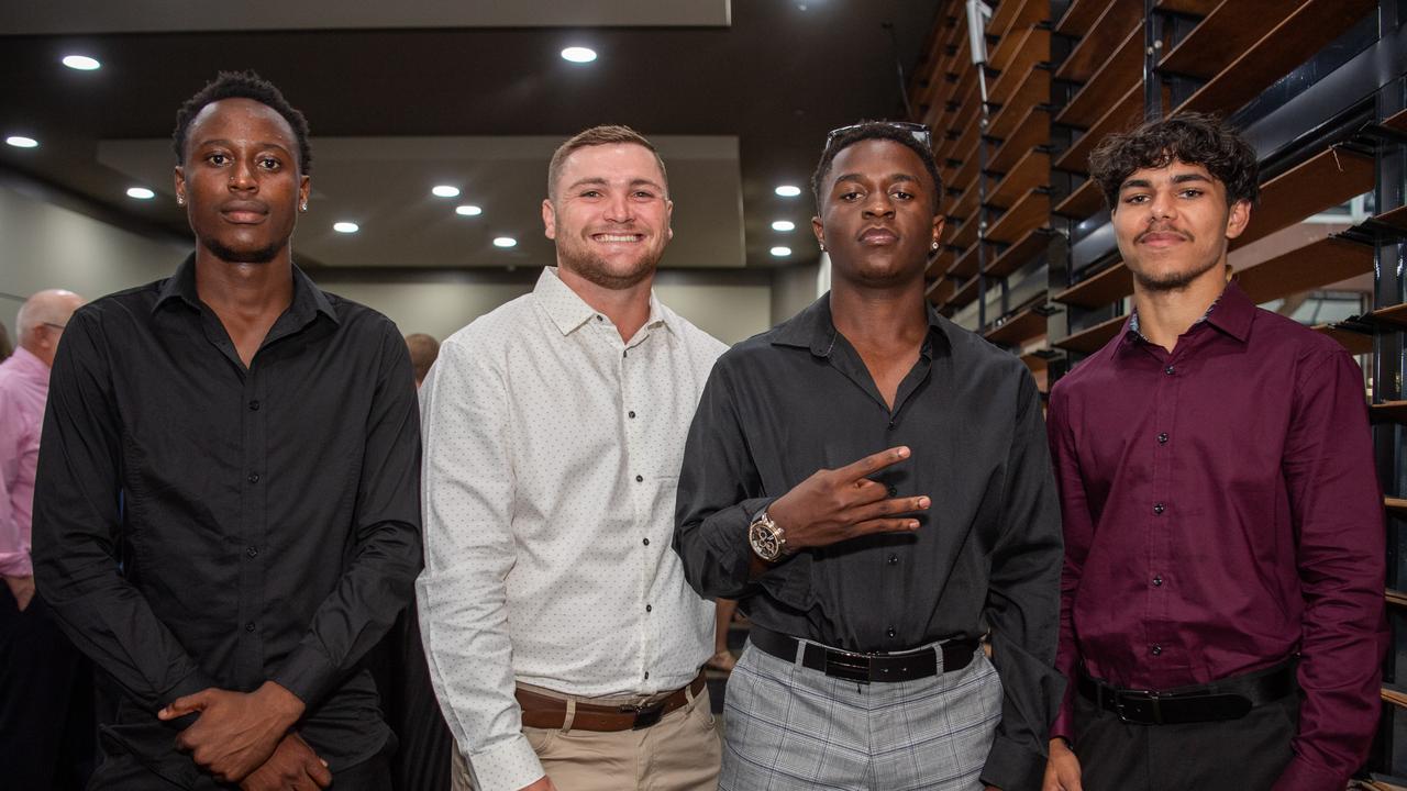 Nkosie Sibanda, Kieren Crowe, Dallas Caulton and Dylan Mugadza at the 2023 NRL NT Frank Johnson / Gaynor Maggs medal night. Picture: Pema Tamang Pakhrin