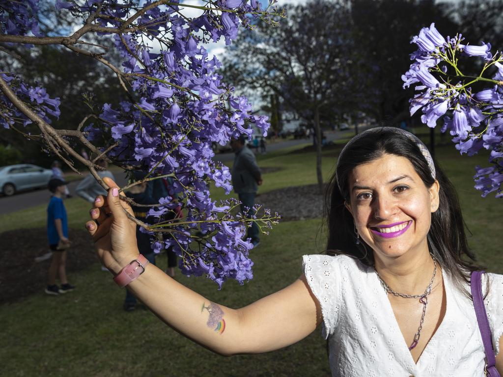 Self-confessed jacaranda lover Selin Thomas shows her Jacaranda tattoo. Picture: Kevin Farmer