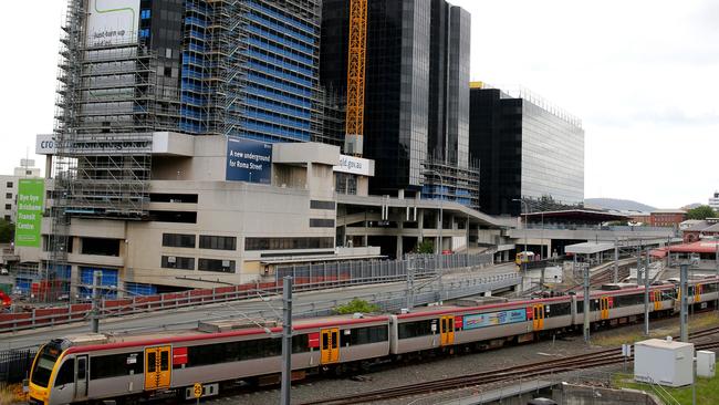 Brisbane’s Roma Street trains station and part of the Cross River Rail construction site. Picture: David Clark/AAP