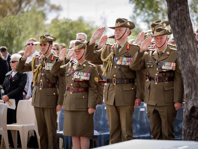 (L-R) Chief of Army, Lieutenant General Simon Stuart, AO, DSC; Regimental Sergeant Major-Army, Warrant Officer Kim Felmingham, NSC, OAM; Commander Aviation Command, Major General Stephen Jobson, AM, CSC; Command Sergeant Major Aviation Command, Warrant Officer Class One Michael Clarke, OAM, salute at the commemoration service for the one year anniversary of the MRH90 Taipan incident at Swartz Barracks, Queensland. *** Local Caption *** The Australian Army has commemorated the four aircrew lost in the 2023 Lindeman Island MRH90 Taipan incident, on the first anniversary of the crash.On 28 July 2023, an Australian Army MRH90 Taipan helicopter impacted waters near Lindeman Island, Queensland, during a night-time training activity as part of Exercise TALISMAN SABRE 2023.Tragically, Captain Danniel Lyon, Lieutenant Maxwell Nugent, Warrant Officer Class 2 Joseph Phillip Laycock, and Corporal Alexander Naggs from the 6th Aviation Regiment were killed in the incident.Commemorations included a military service at Swartz Barracks in Oakey, on 26 July, followed by a private, on-water memorial for the families of the aircrew at the site of the incident on 28 July.