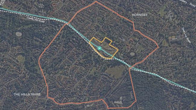 The proposed boundaries for the Map showing boundaries for the Cherrybrook Station rezoning (yellow) and Cherrybrook Precinct (red).