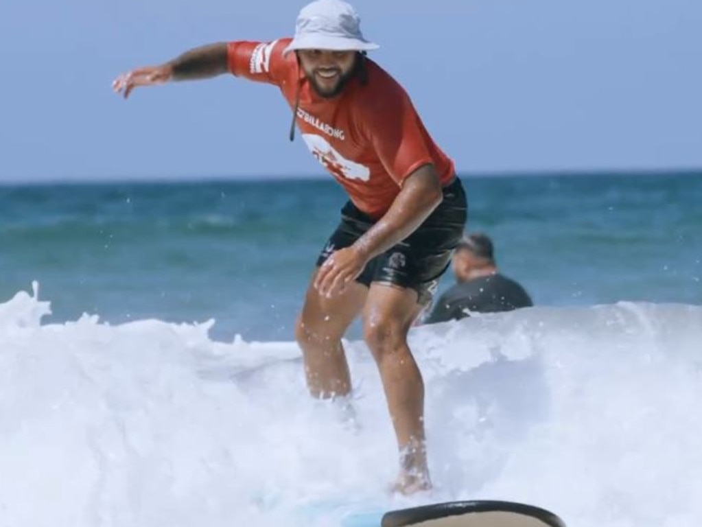 Jazz Tevaga is getting the hang of the surfboard since moving to the northern beaches. Picture: Manly media