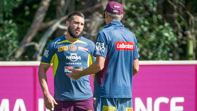 Wayne Bennett talks to Jack Bird during a Broncos training session earlier this year. Picture: AAP