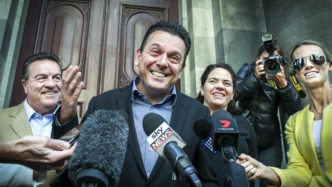 Nick Xenophon, centre, and SA Best’s newly elected members of the Legislative Council, Frank Pangalla and Connie Bonaros outside of Parliament House. Picture: Dean Martin