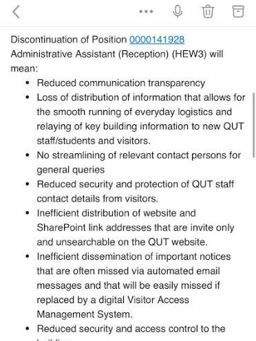 An email sent to QUT Health department students following the announcement. Credit: Supplied