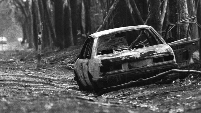  1983. Ash Wednesday. Bushfires. A mother and daughter died after abandoning this car near Timboon. Neg: 830217/4 