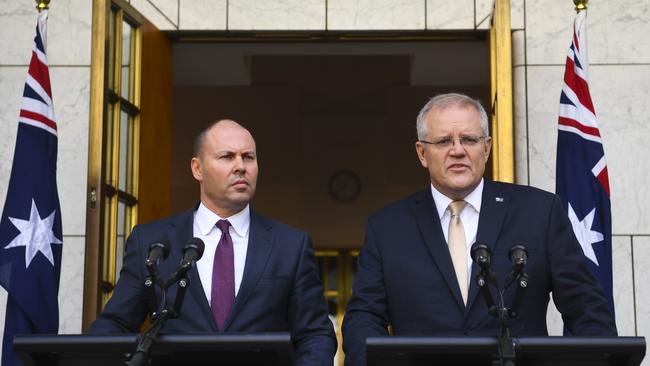 Scott Morrison and Josh Frydenberg unveil the stimulus package. Picture; AAP.