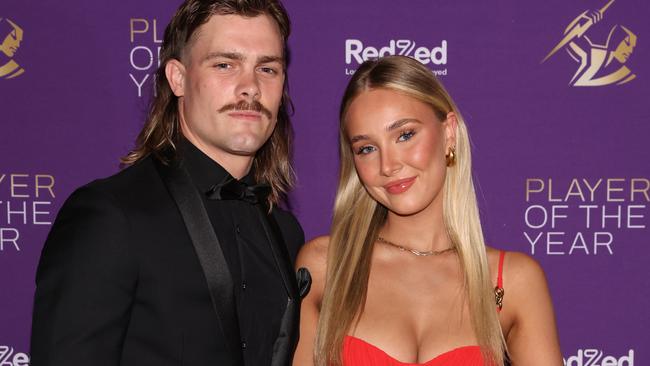 Ryan Papenhuyzen and partner Emma Mac. Melbourne Storm player of the year held at Crown. Picture: Jason Edwards