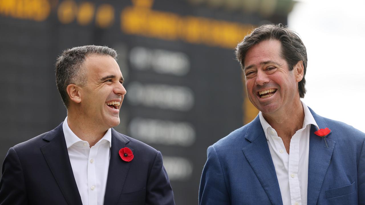 AFL CEO Gillon McLachlan and SA Premier Peter Malinauskas at Adelaide Oval on Friday NCA NewsWire / David Mariuz