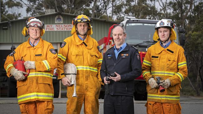 Mount Nelson TFS volunteers, from left, Warren Nicholas, Nick Creese, 1st Officer Andrew Johns and Tom Hinds. Picture: Chris Kidd