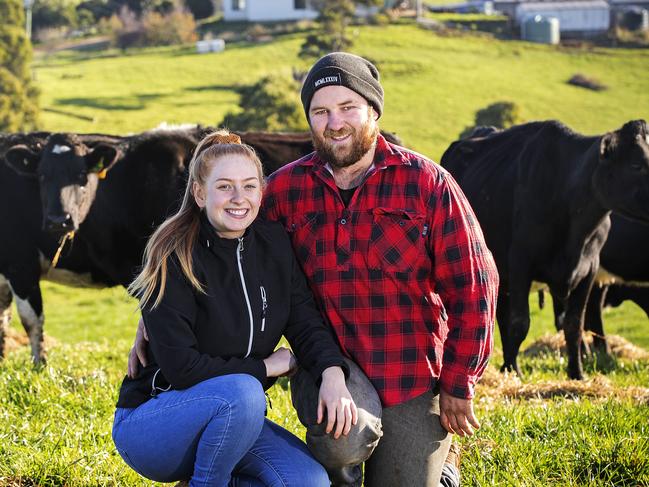 Dairy farmers Aaron Ferguson and Gabby Mathews at Calder. Picture Chris Kidd