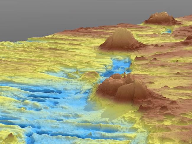 Image of 'faulted volcanoes' produced from sonar scans of the MH370 search area. Similar geological surveys in the future may produce evidence of the downed aircraft. Picture: Geoscience Australia