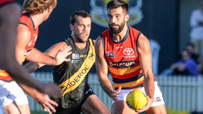 Adelaide midfielder Wayne Milera breaks clear against Glenelg at the Bay on Saturday. Picture: Brenton Edwards.