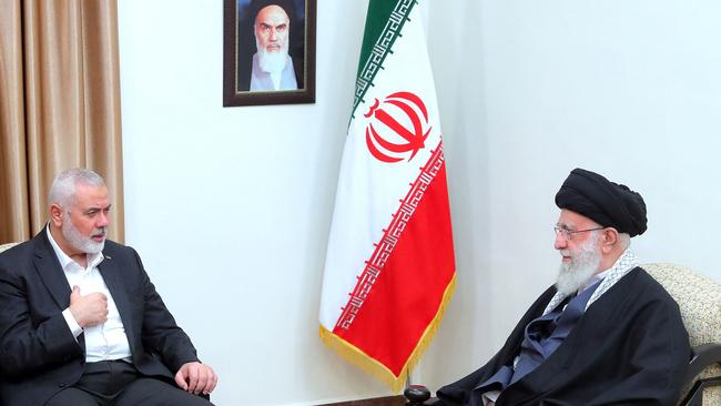 Iran's Supreme Leader Ayatollah Ali Khamenei, right, meets with Ismail Haniyeh, the Doha-based political bureau chief of Hamas. Picture: AFP