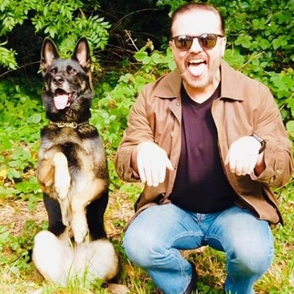 Ricky Gervais with a canine friend. Picture: Instagram