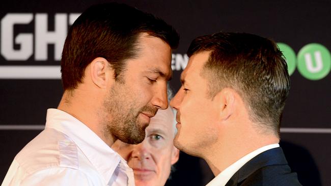 Fighters Luke Rockhold and Michael Bispingface up to each other. Picture: Jeremy Piper