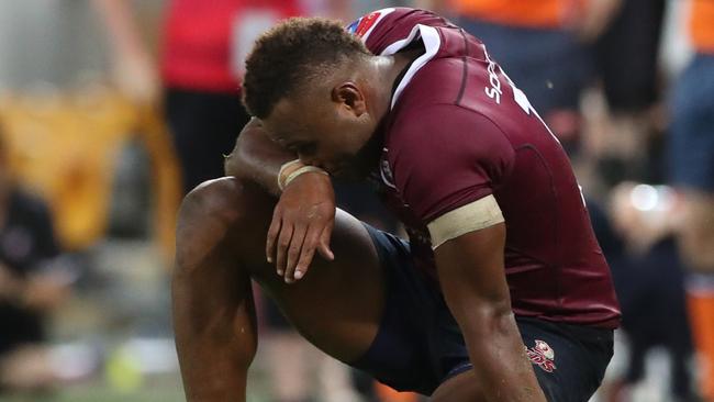 Eto Nabuli of the Reds dejected after losing the Super Rugby game between the Queensland Reds and the NSW Waratahs. Pic Darren England.