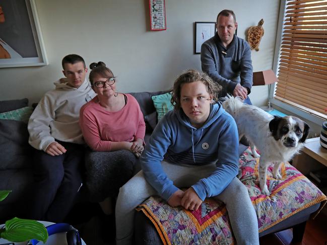 10/05/2018: Carmen & Hamish Lahiff-Jenkins at home with their sons Ignatius (left) & Quinn (front). Quinn, who is autistic, was the victim of a vicious bullying attack outside Fitzroy High School. Stuart McEvoy for The Australian.