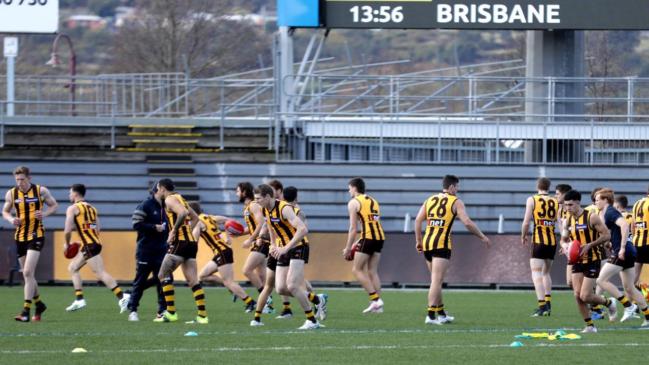 Hawthorn warms up at UTAS Stadium in Launceston. Picture: AFL Photos via Getty Images