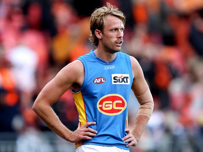 SYDNEY, AUSTRALIA - JULY 20: Jack Lukosius of the Suns reacts at full-time during the round 19 AFL match between Greater Western Sydney Giants and Gold Coast Suns at ENGIE Stadium, on July 20, 2024, in Sydney, Australia. (Photo by Brendon Thorne/AFL Photos/via Getty Images)