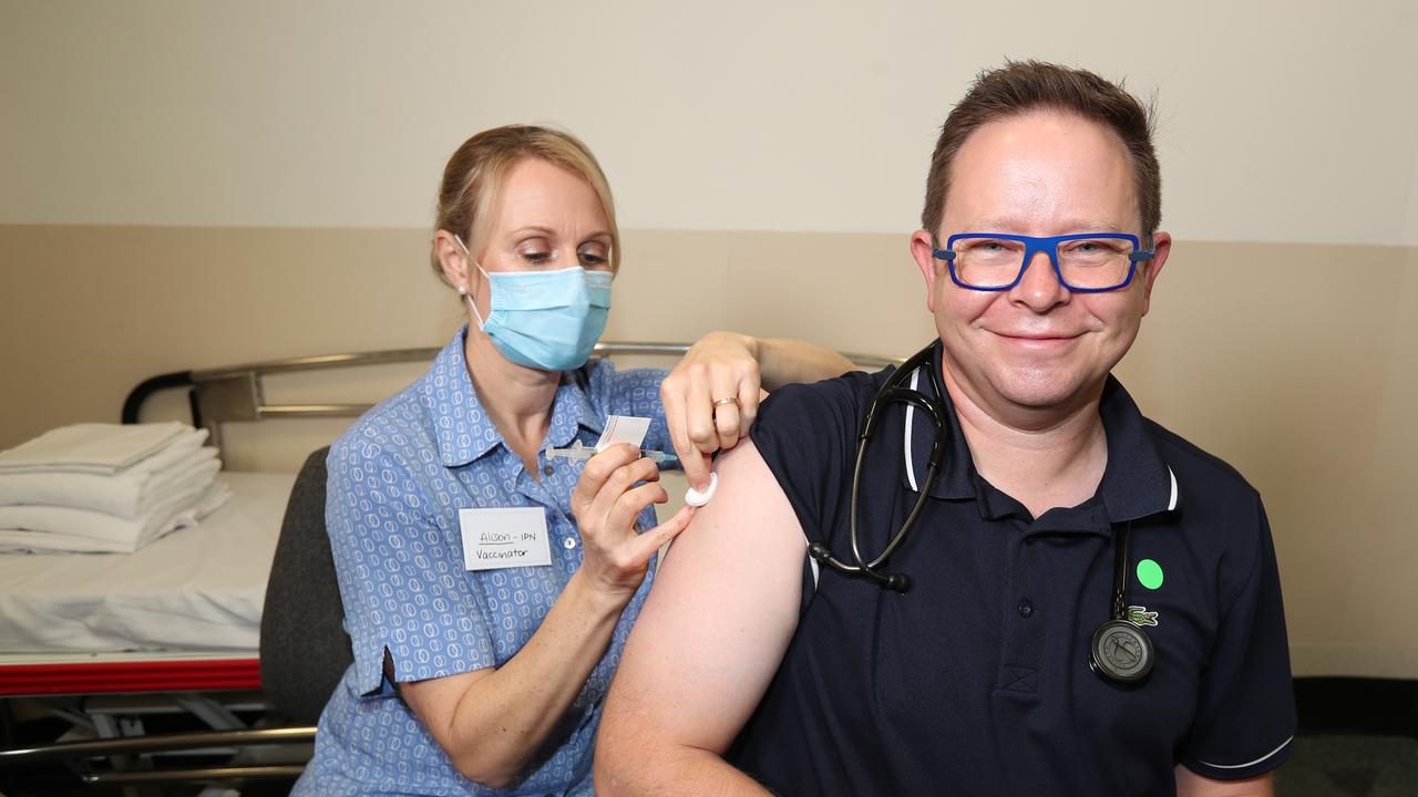 Professor Paul Griffin, an infectious disease expert, gets his AstraZeneca vaccine at the Mater Hospital. Pic Annette Dew