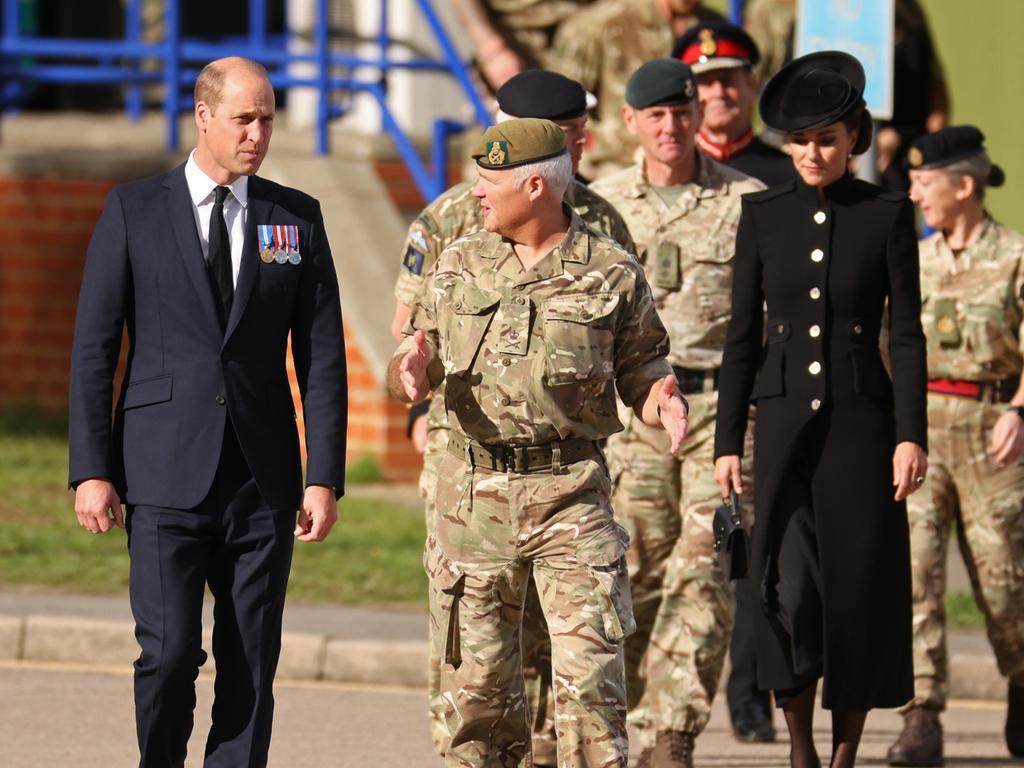 Prince William and Catherine, Princess of Wales meet Commonwealth military personnel during a visit to Army Training Centre Pirbright. Picture: Getty Images.