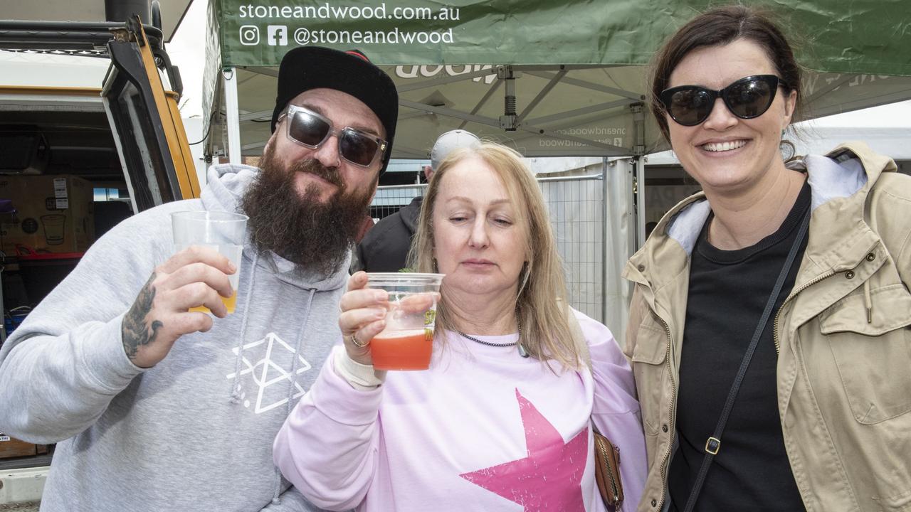 (from left) Mark Goldby, Penny Bonds and Kristal Soliani at Brewoomba craft beer festival, Fitzy's. Saturday, August 13, 2022. Picture: Nev Madsen.