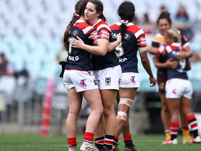 The Sydney Roosters will be out to stop Brisbane from winning a three-peat of NRLW premierships in Sunday’s grand final. Picture: Cameron Spencer/Getty Images