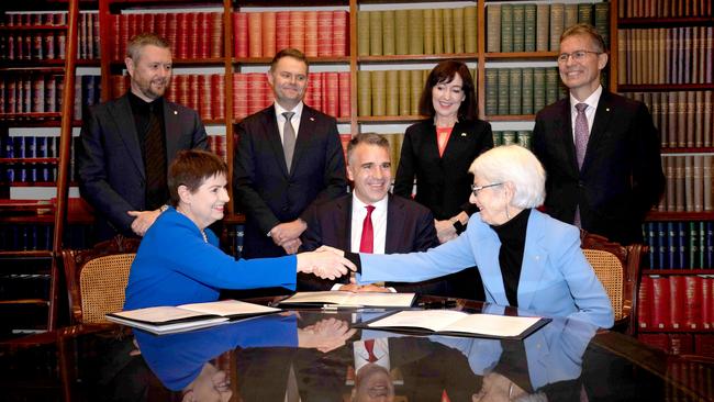 Chancellor of the University of SA Pauline Carr with Premier Peter Malinauskas and Chancellor of the University of Adelaide Catherine Branson, plus, back, UniSA Vice Chancellor Professor David Lloyd, Treasurer Stephen Mullighan, Deputy Premier Susan Close, and Uni of Adelaide Vice Chancellor Professor Peter Hoj. Picture: Emma Brasier