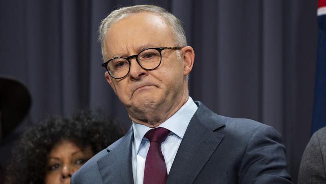 Prime Minister Anthony Albanese gets emotion at the press conference to announce the wording of the Voice to Parliament. Picture: NCA NewsWire / Martin Ollman