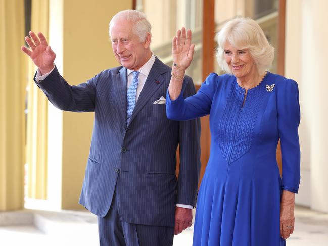 LONDON, ENGLAND - JUNE 27: King Charles III and Queen Camilla smile and wave as they formally bid farewell to Emperor Naruhito and Empress Masako of Japan on the final day of their state visit to the United Kingdom at Buckingham Palace on June 27, 2024 in London, England. (Photo by Chris Jackson/Getty Images)