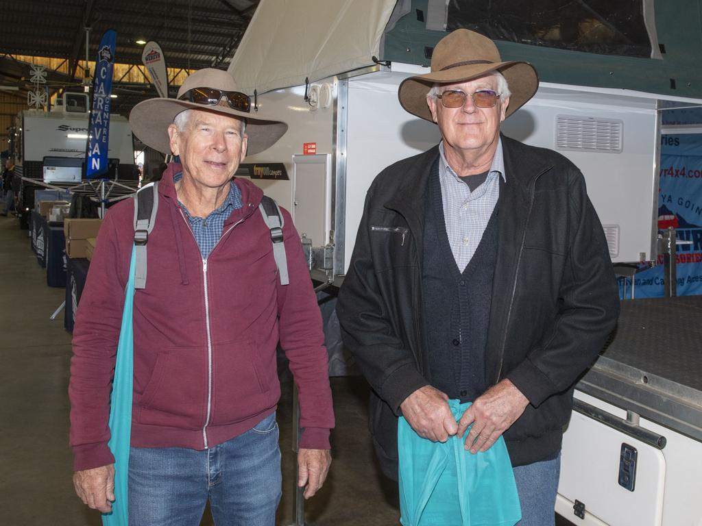 Brian Muller and Lionel Scotney at the Queensland Outdoor Adventure Expo, Toowoomba Showgrounds. Friday, July 29, 2022. Picture: Nev Madsen.