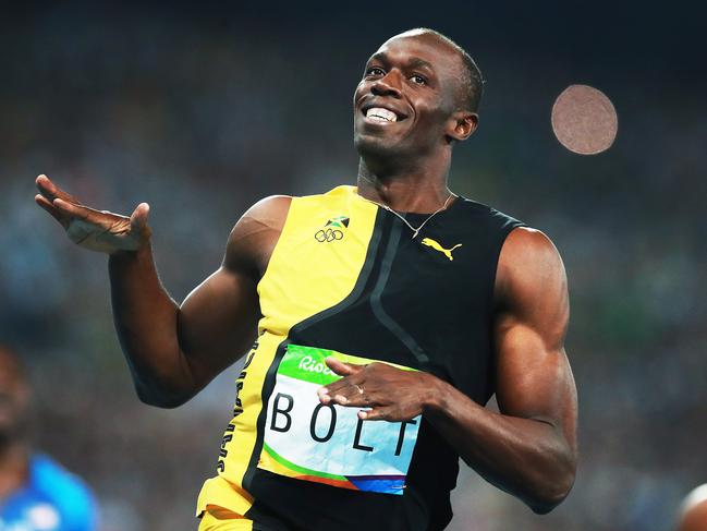 Usain Bolt of Jamiaca celebrates winning the Men's 100m Final during the Athletics at the Olympic Stadium on day 9 of competition at the Rio 2016 Olympic Games. Picture. Phil Hillyard