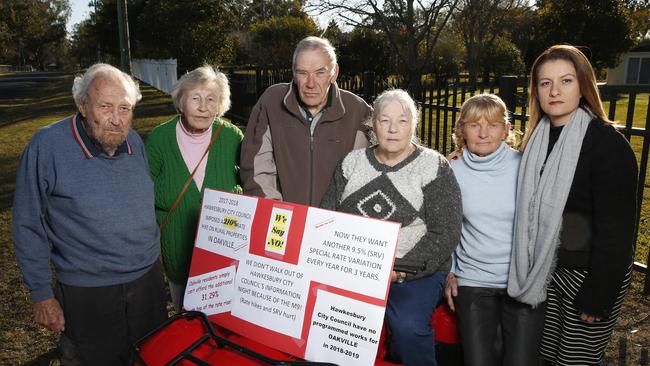 Oakville residents (left) Tony McKone, Edith McKone, Rowland Wayman, Cheryl Wayman, Monica Castles and Lyn Batson. The Oakville residents are about to be hit with a 30 per cent rate increase due to the value of their property prices. Pic: AAP Image/David Swift