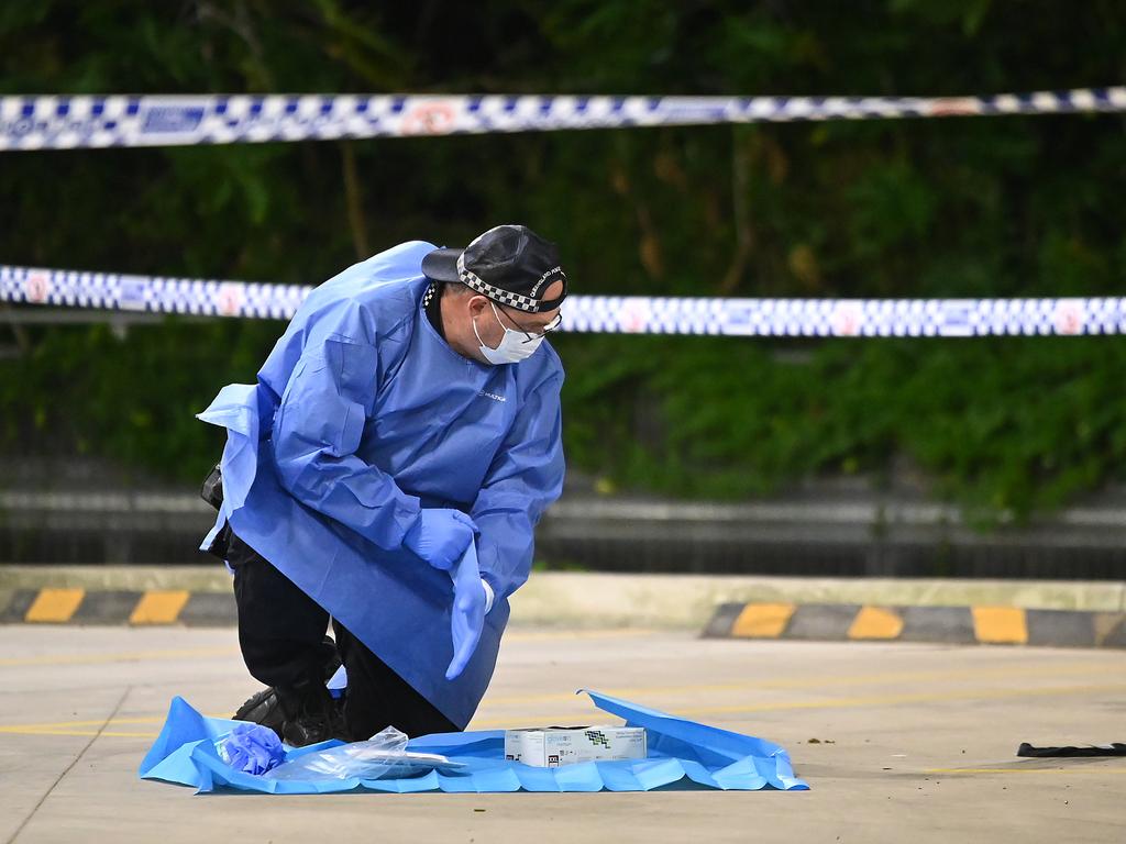 Police on scene at a Bunnings carpark in Ipswich where a man was stabbed on Friday, July 5, 2024. Picture: John Gass