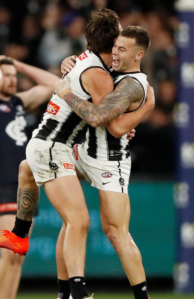 Patrick Lipinski and Jamie Elliott celebrate after defeating Carlton in the final round of the home and away season in 2022. Picture: Dylan Burns/AFL Photos via Getty Images.