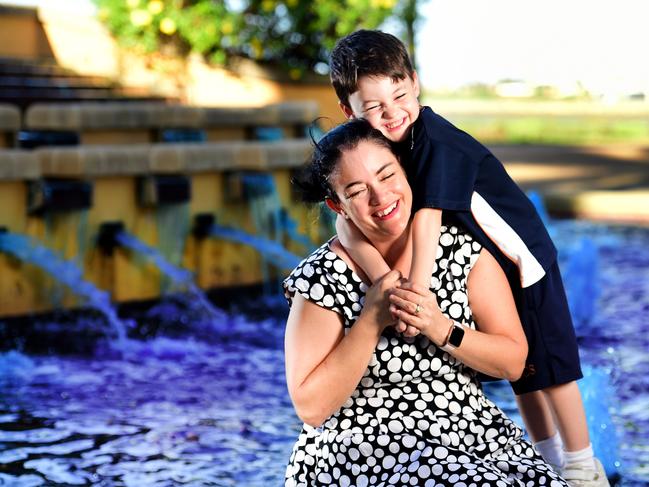 Naomi Dollisson with son Emmett 5, who was diagnosed with epilepsy when he was three. The Strand fountain will run purple in support of Epilepsy Awareness Day. Picture: Alix Sweeney