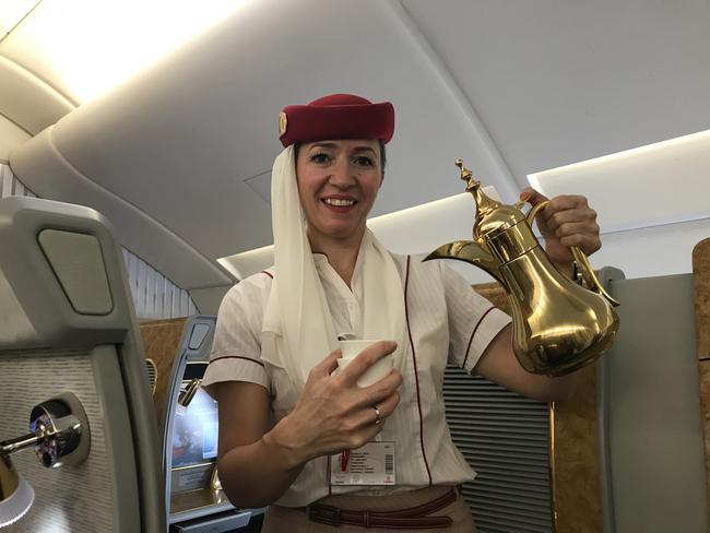 Arabic coffee and fresh dates are served upon boarding in First Class. Picture: Celeste Mitchell