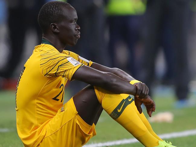 AL AIN, UNITED ARAB EMIRATES - JANUARY 25:  Awer Mabil of Australia reacts after his team lose the AFC Asian Cup quarter final match between United Arab Emirates and Australia at Hazza Bin Zayed Stadium on January 25, 2019 in Al Ain, United Arab Emirates.  (Photo by Francois Nel/Getty Images)