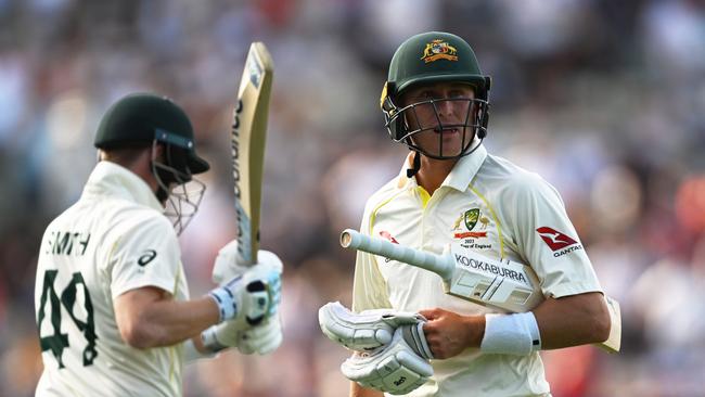 Marnus Labuschagne (R) and Steve Smith (L) were the only members of the Australian XI to train on Saturday. Picture: Getty