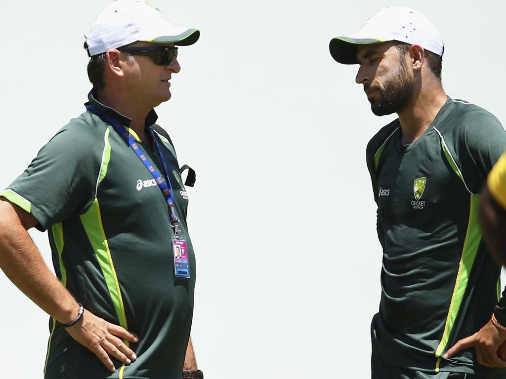 Australian Selector Mark Waugh delivers the bad news to Fawad Ahmed in Dominica. Picture: Getty